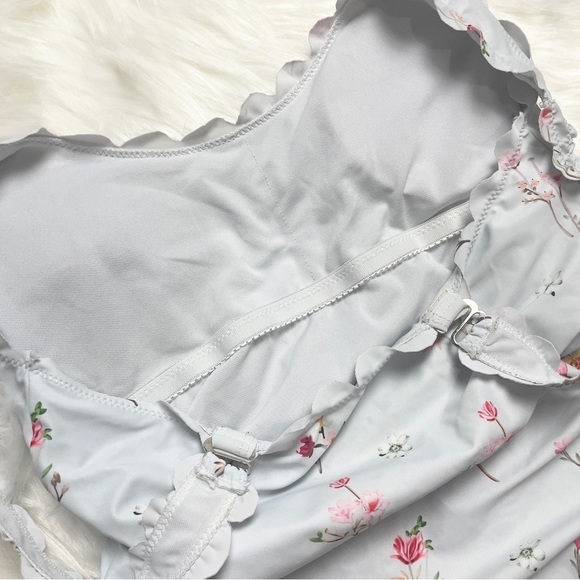 ✨ Jane Flirty Pastel Blue Scalloped Double Lined Vintage Floral One Piece Sz S - Picture 6 of 9